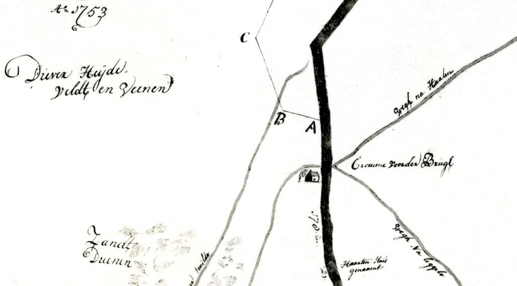 De ligging Cromme Voorder Brugh, 1753.